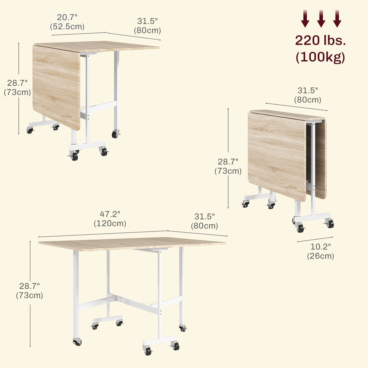  Six-Seater Drop-Leaf Dining Table with Wheels, Oak