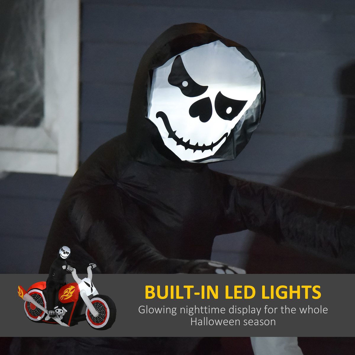  6' Long Halloween Grim Reaper Flaming Motorcycle Outdoor LED Lighted Airblown Inflatable Decoration Holiday Seaon Garden Lawn Decor