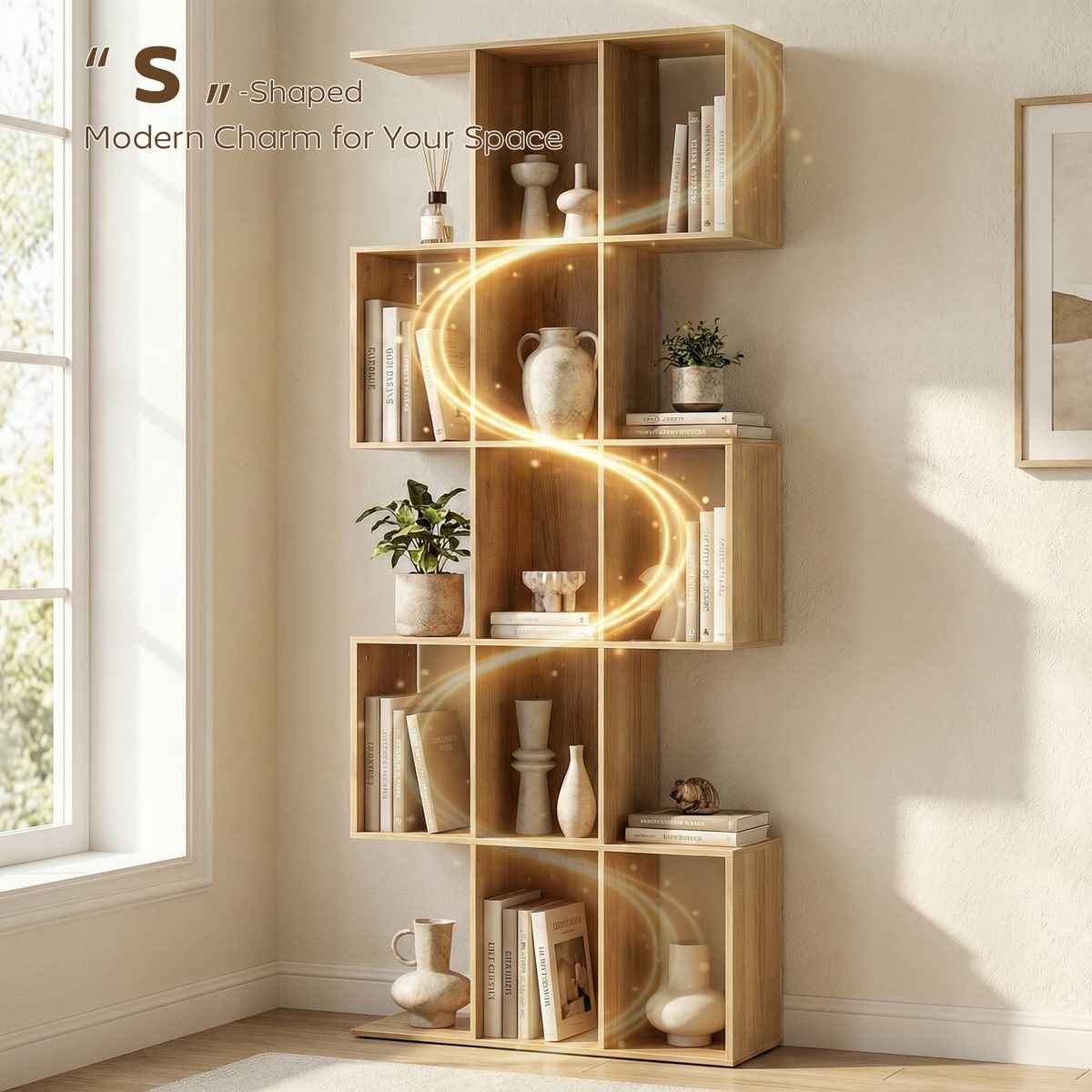  5-Tier Bookshelf, S Shaped Geometric Bookcase with 15 Compartments, Oak