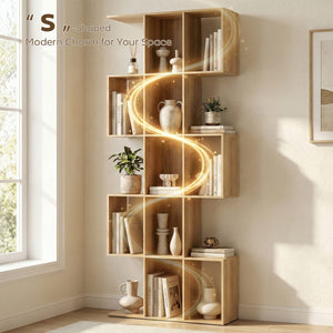  5-Tier Bookshelf, S Shaped Geometric Bookcase with 15 Compartments, Oak