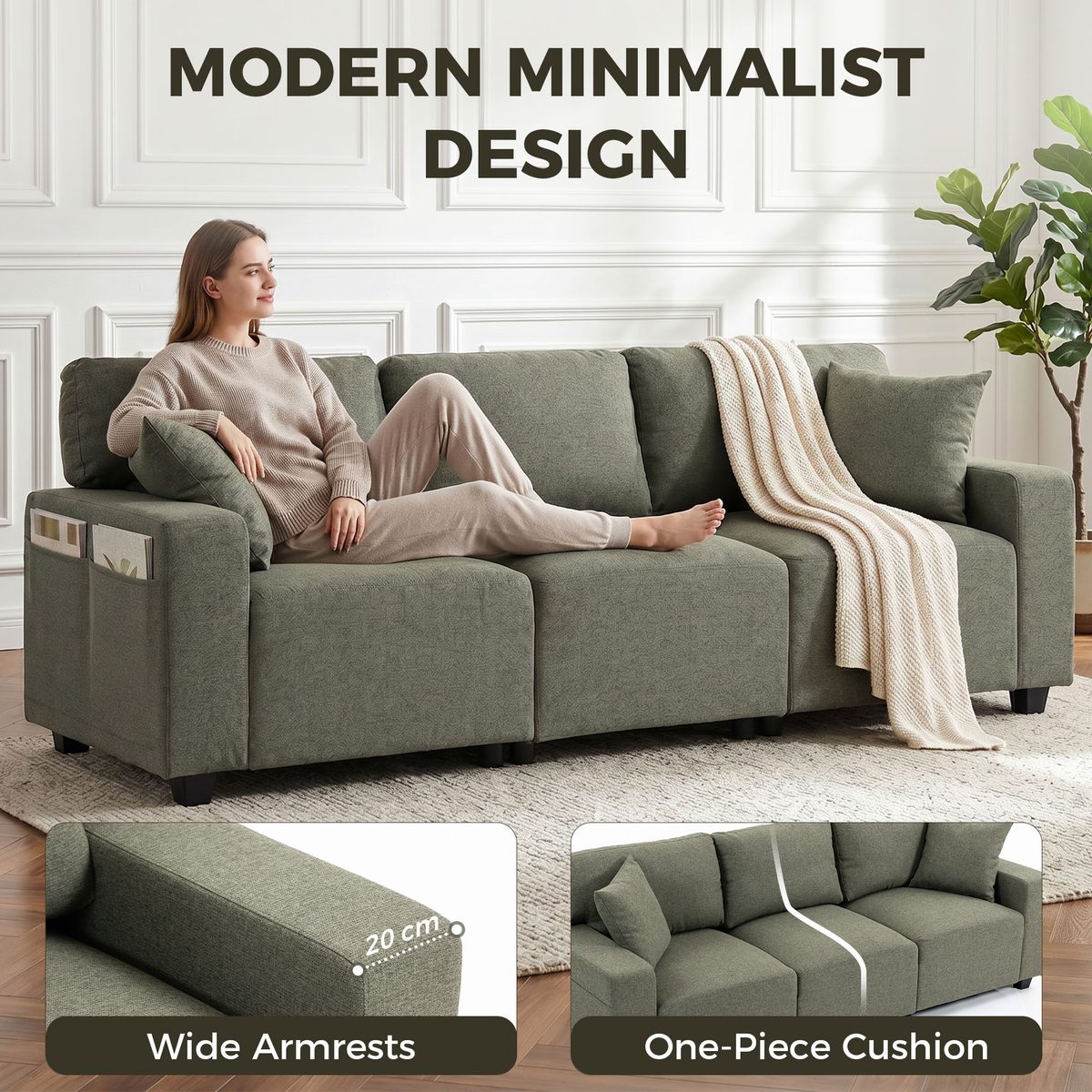  3 Seater Sofa with Storage Pockets, Modern Upholstered Couch with Pocket Springs, Green