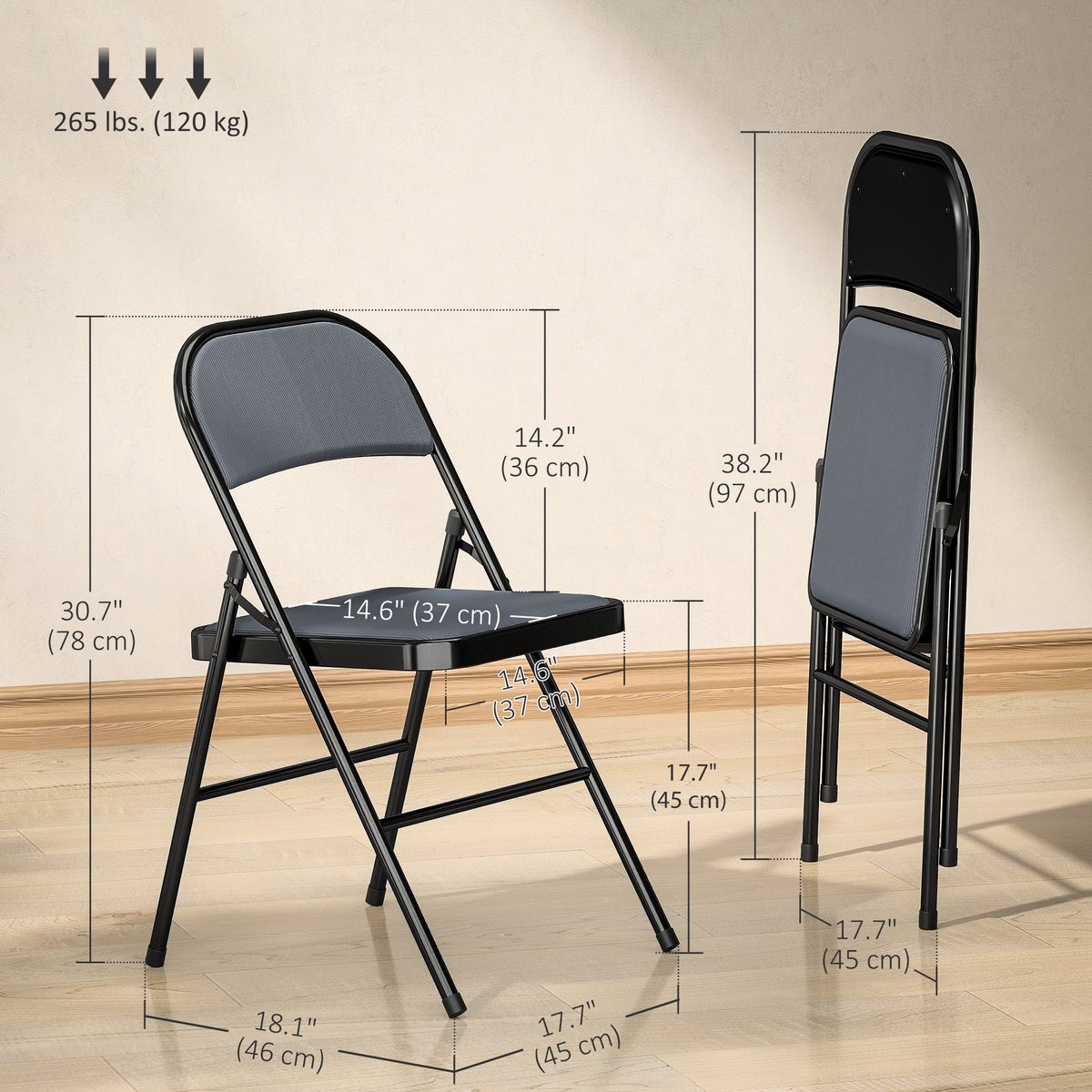  Set of 4 Metal Foldable Chairs, Corduroy Padded Folding Chairs with Cushion Seat and Open Back for Indoor, Grey