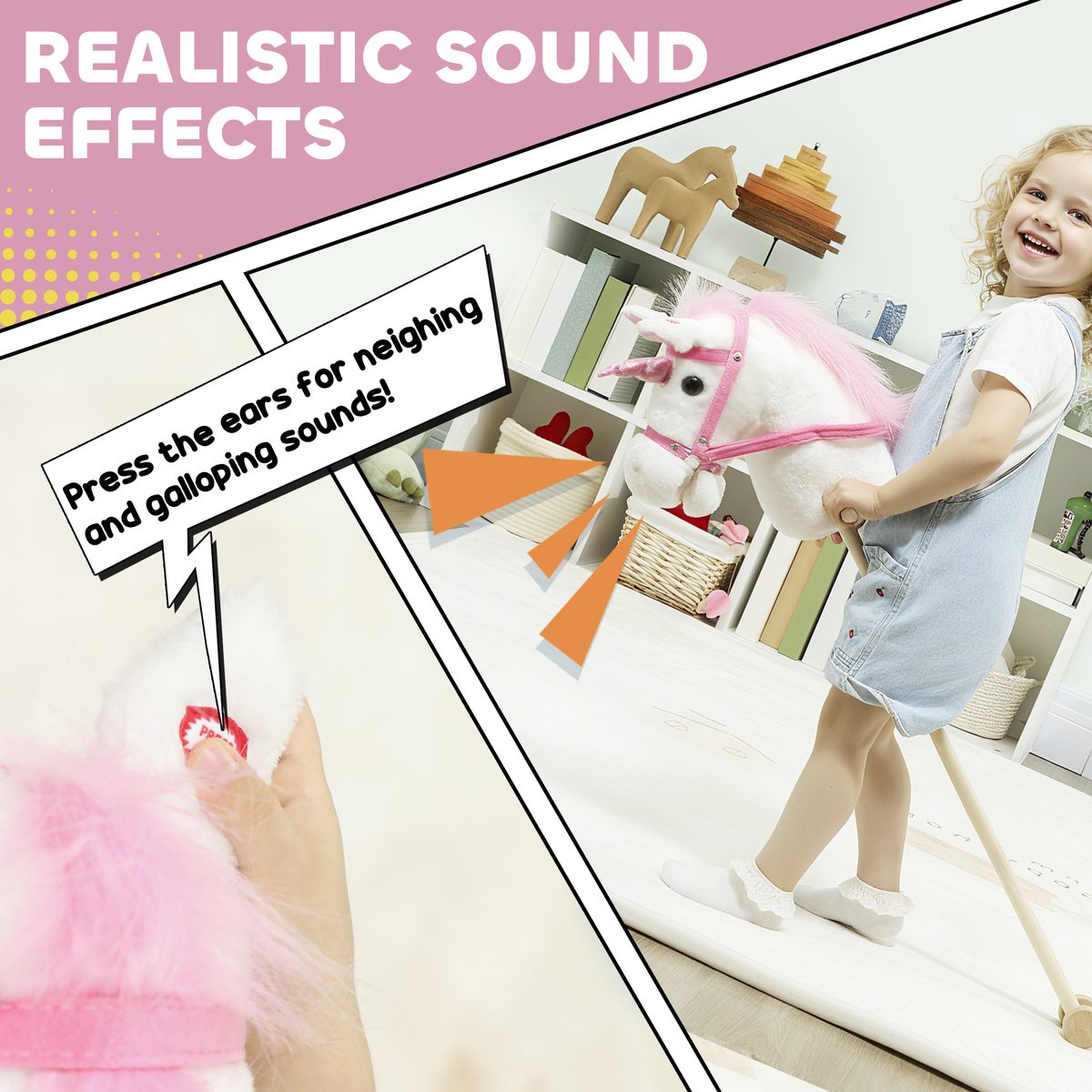 Qaba Unicorn Stick Horse, Plush Hobby Horse with Wood Wheels, Real Pony Neighing and Galloping Sounds, for Kids, White