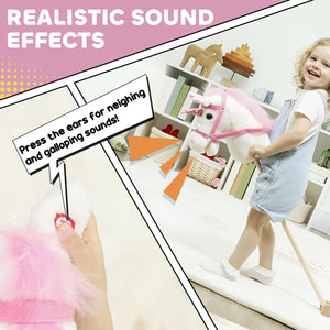 Qaba Unicorn Stick Horse, Plush Hobby Horse with Wood Wheels, Real Pony Neighing and Galloping Sounds, for Kids, White