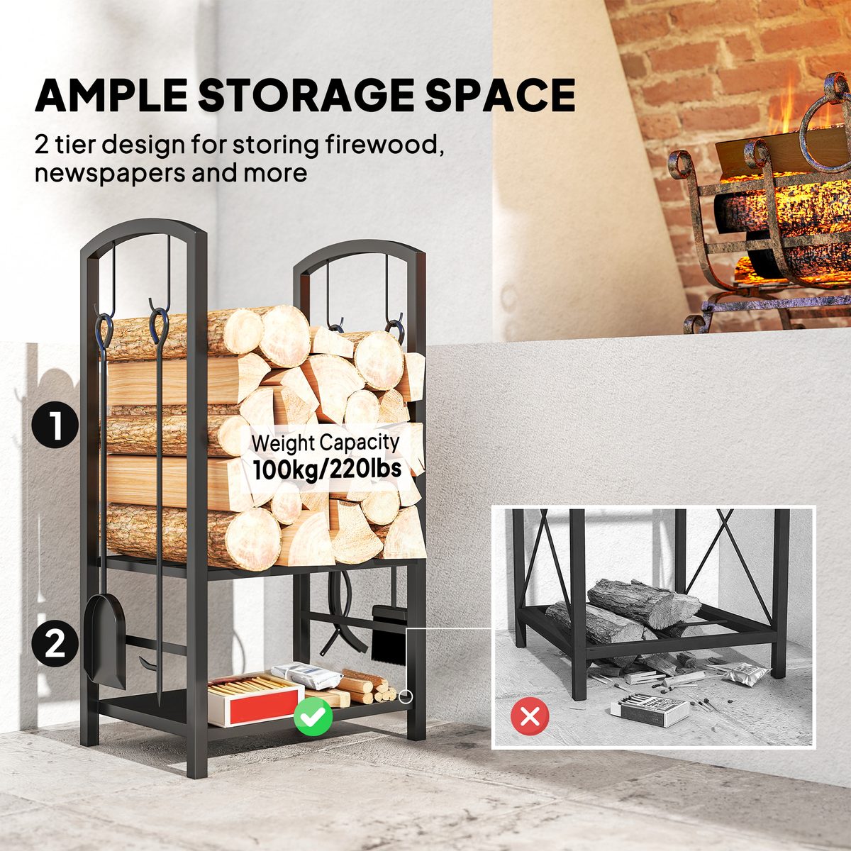  2-Tier Firewood Log Rack with 4 Tools, Fireplace Wood Storage Holder with Shovel, Broom, Poker, Tongs and Hooks, Black
