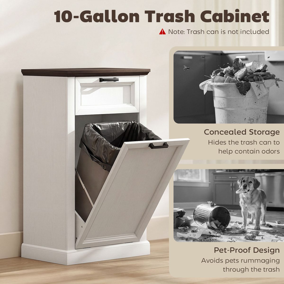  10 Gallon Trash Can Cabinet with Drawer, Farmhouse Tilt Out Garbage Cabinet Laundry Hamper, White Wood Effect