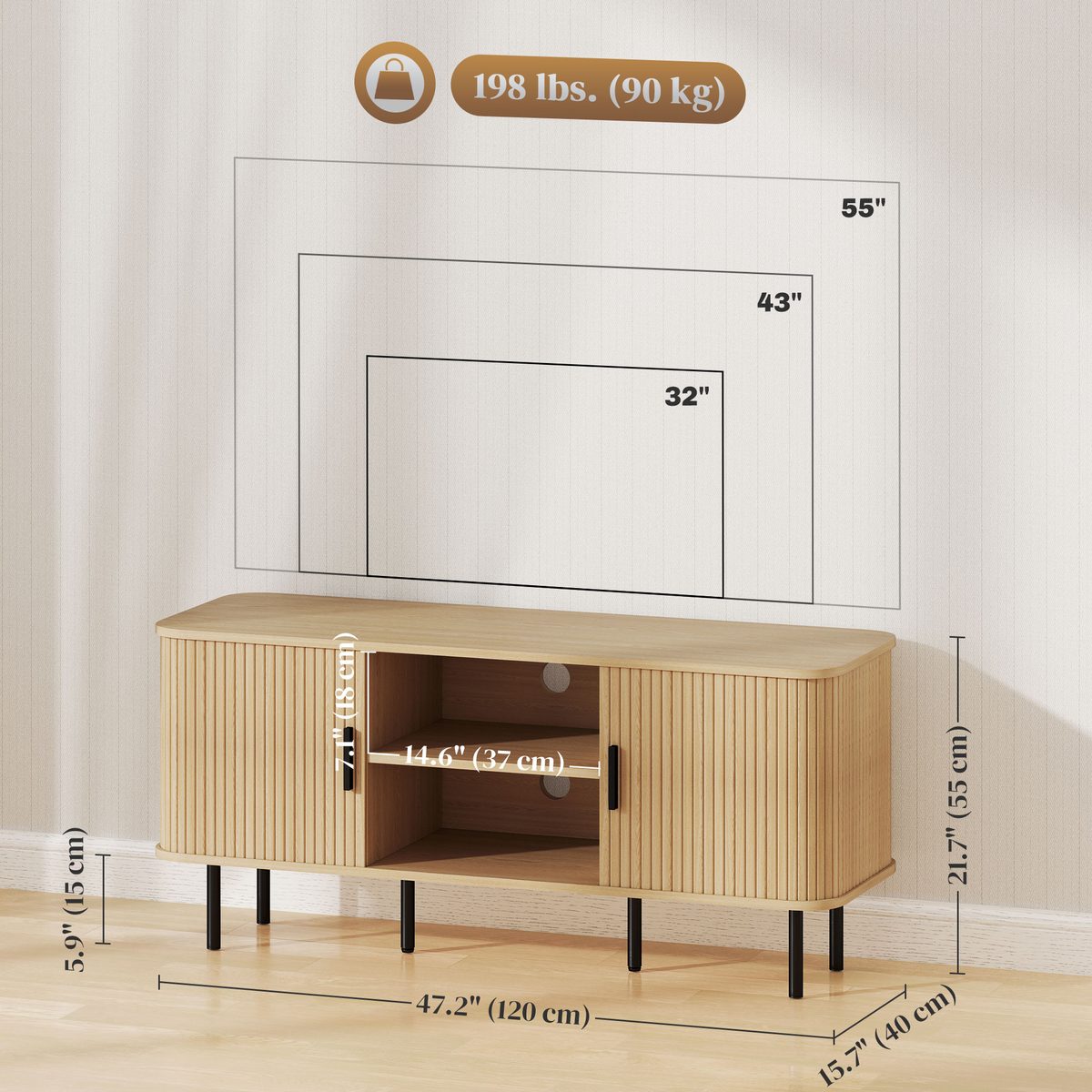  TV Stand Cabinet for TVs up to 55 Inches, TV Unit with Storage Shelves and Cabinets for Living Room, Oak Tone