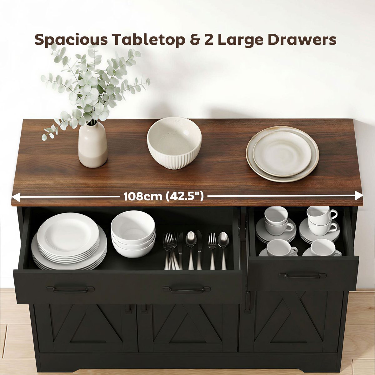  Sideboard Buffet Cabinet, 43" Farmhouse Kitchen Cabinet with 3 Barn Doors, 2 Drawers, 2 Adjustable Shelves, Black
