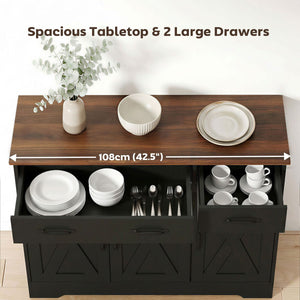  Sideboard Buffet Cabinet, 43" Farmhouse Kitchen Cabinet with 3 Barn Doors, 2 Drawers, 2 Adjustable Shelves, Black