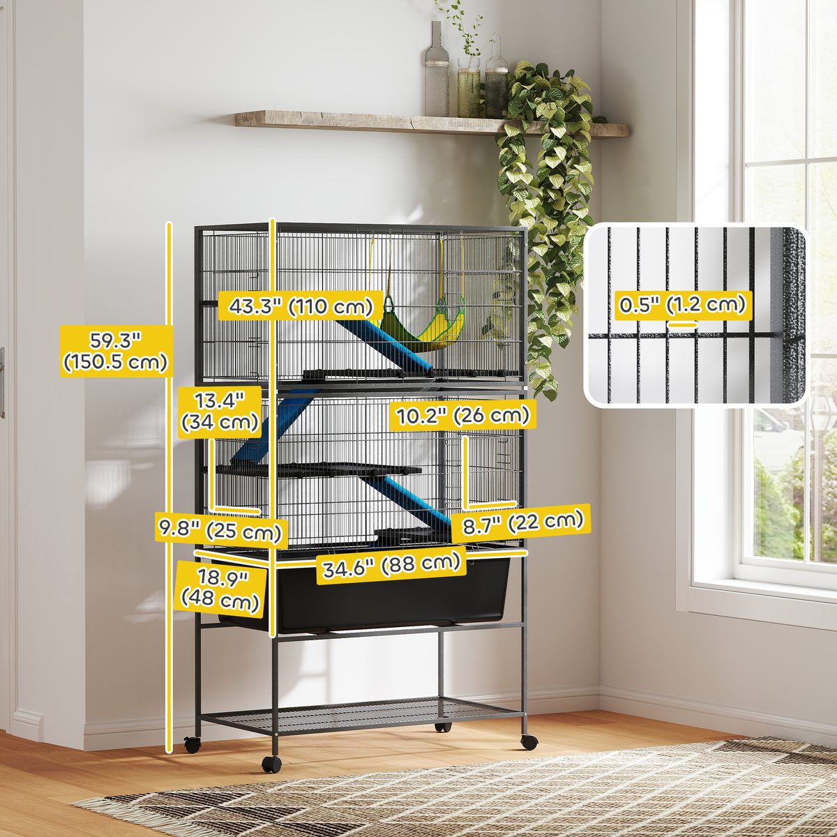  59" 5-Level Small Animal Cage, Rolling Ferret Cage with 6.3" Deep Tray, Non-Slip Cloth Covered Ramps, Hammock, Dark Grey