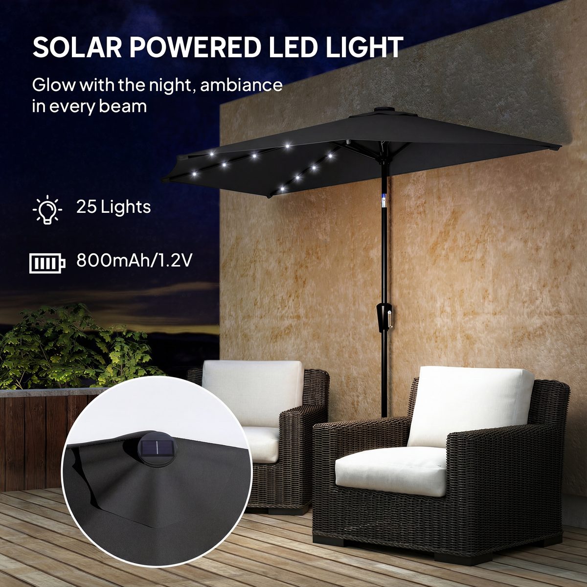  Half Outdoor Patio Umbrella with Solar LED Lights Half Umbrella with Crank 105.1" x 53.5" Black