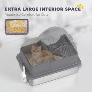  Extra Large Stainless Steel Cat Litter Box w/ High Sided, Removable Lid, Scoop, Odor Free, Non-Sticky, Dark Grey