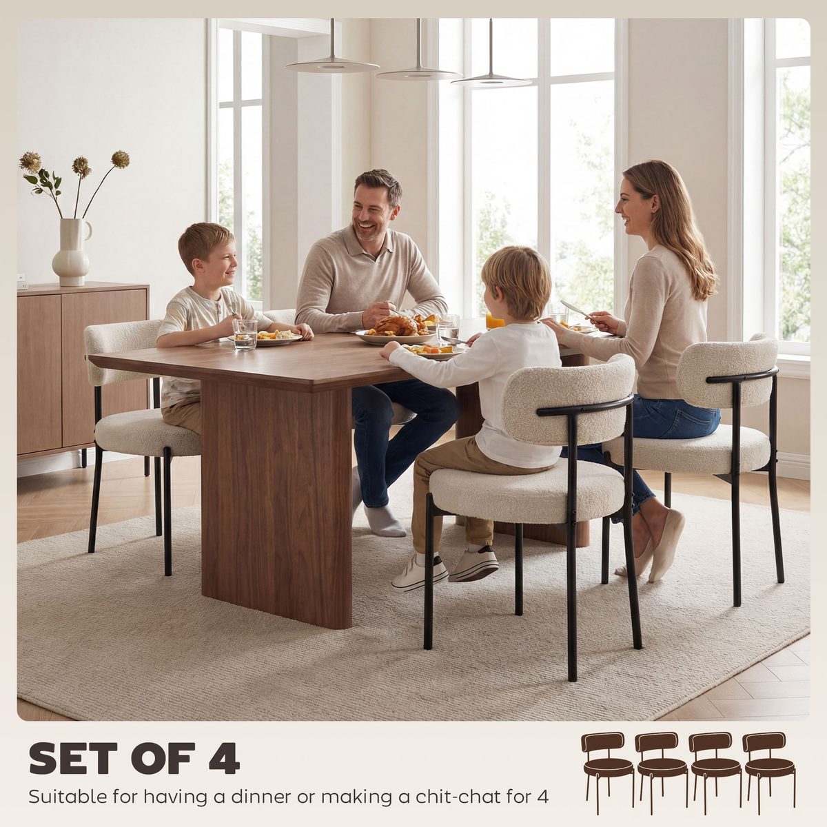  4 Pieces Kitchen Chairs, Modern Dining Chairs w/ Berber Fleece Upholstery and Steel Legs for Living Room, Beige