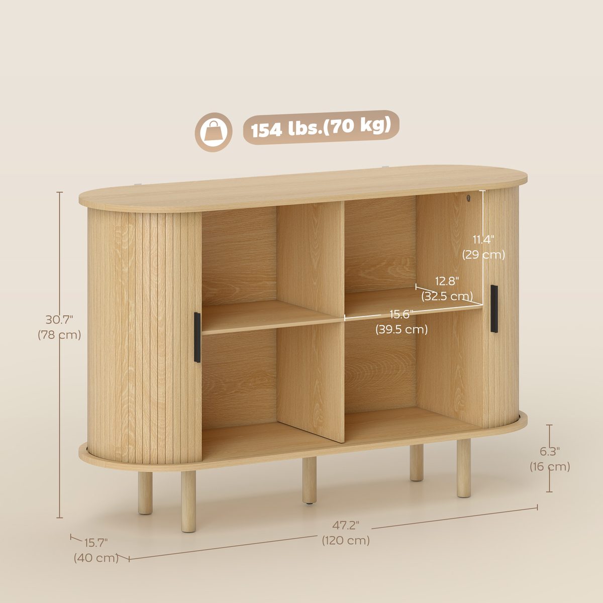  47" Buffet Cabinet with Tambour Sliding Doors, Fluted Sideboard with Storage Shelves and Wooden Legs, Oak