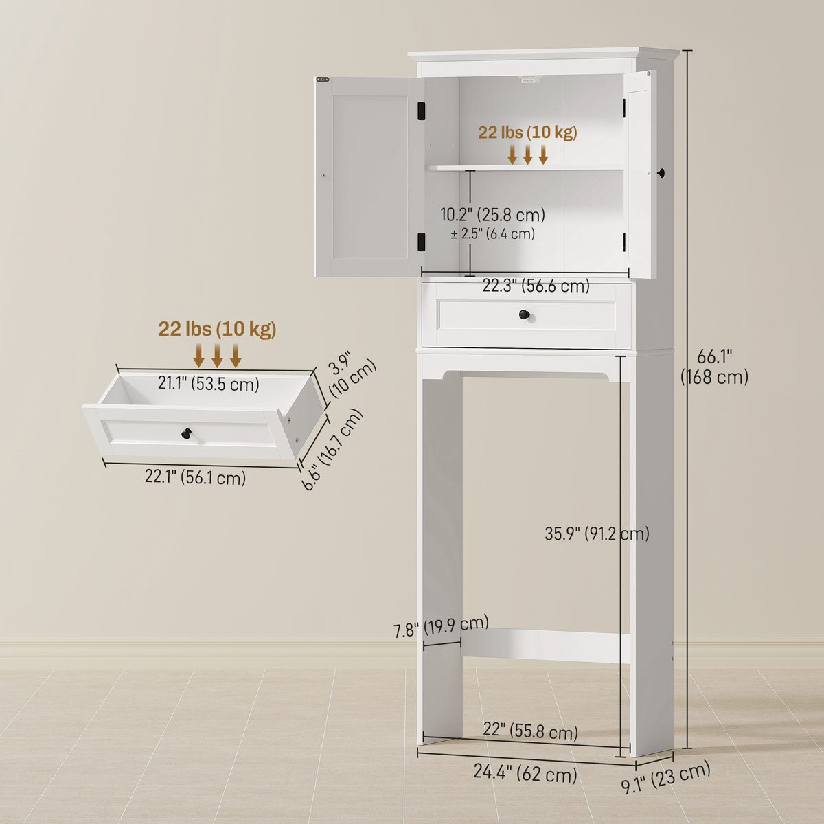 Over The Toilet Storage, Modern Bathroom Cabinet Over Toilet with Drawer, Cabinet and Adjustable Shelf, White