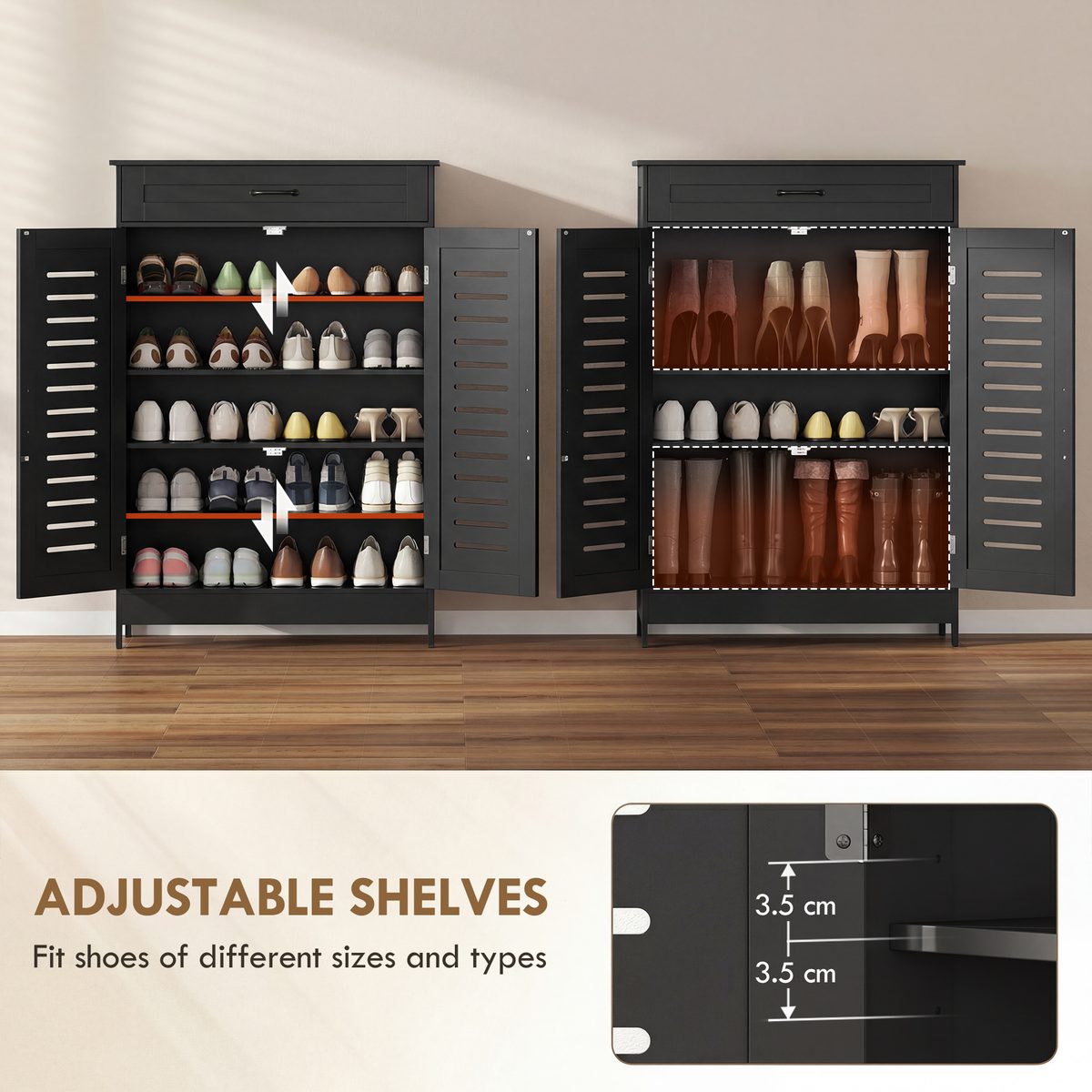  Shoe Cabinet with Louvered Doors, Modern Shoe Storage Cabinet with Drawer and Adjustable Shelves, Black