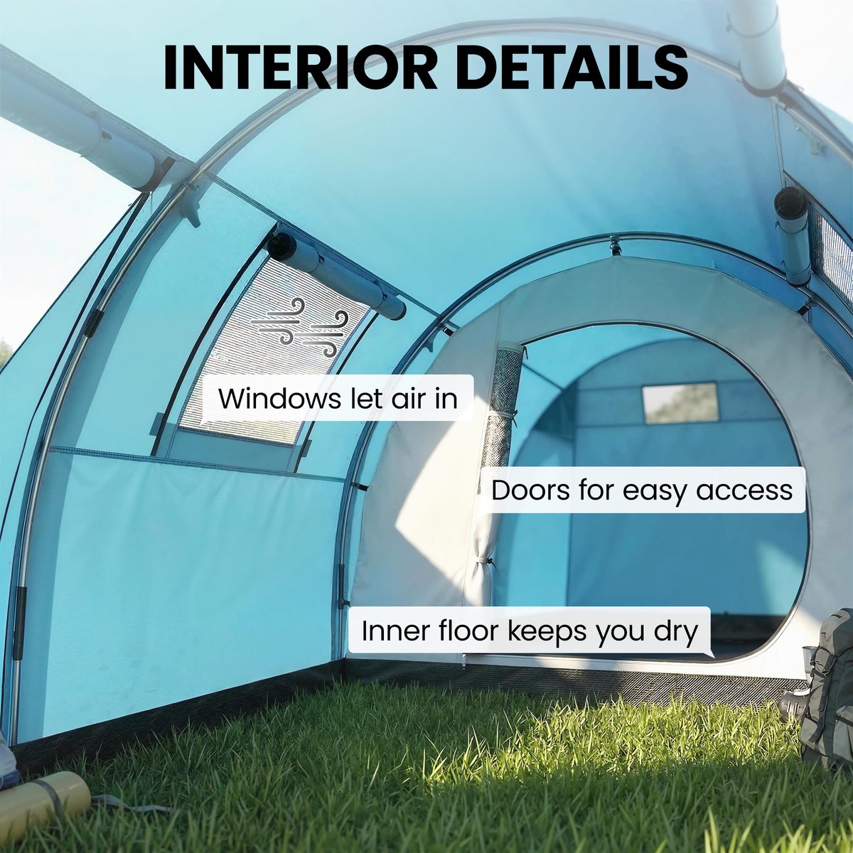  3-4 Person Camping Tent with 2 Rooms, 3000mm Waterproof Portable Family Tent with Carry Bag, Sky Blue