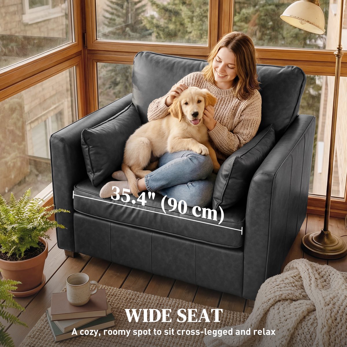  Accent Chair, PU Leather Armchair with Wide Seat, Spring Cushion, Rubberwood legs, 2 Pillows, Black