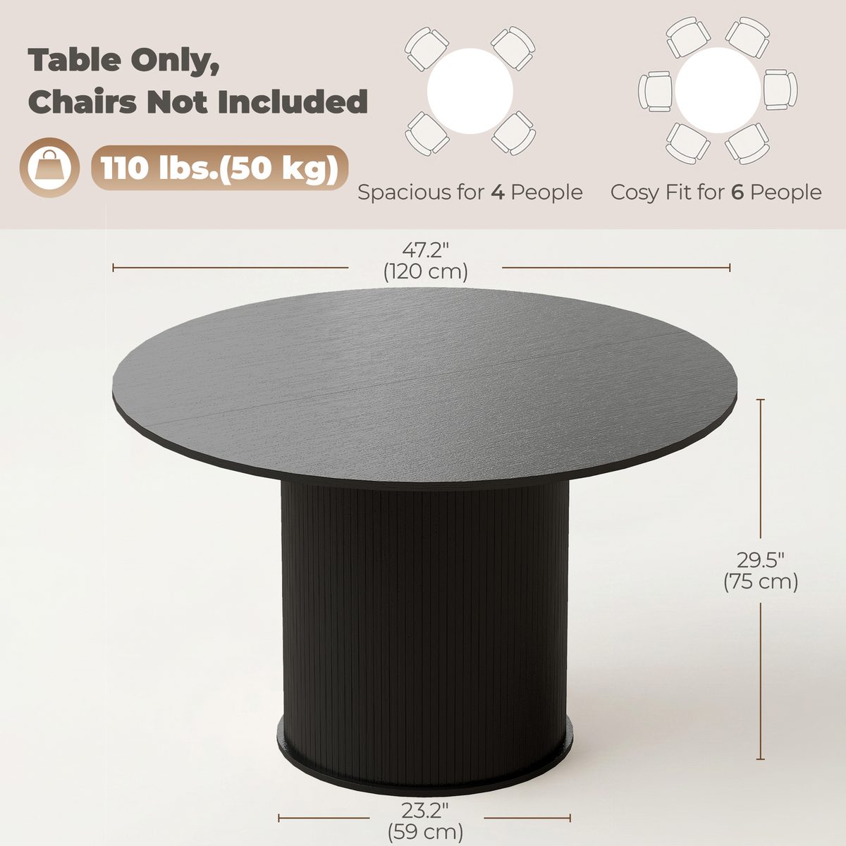  Round Dining Table for 4-6, 47 Inch Kitchen Table with Fluted Pedestal Base, for Kitchen Living Room Dining Room, Black