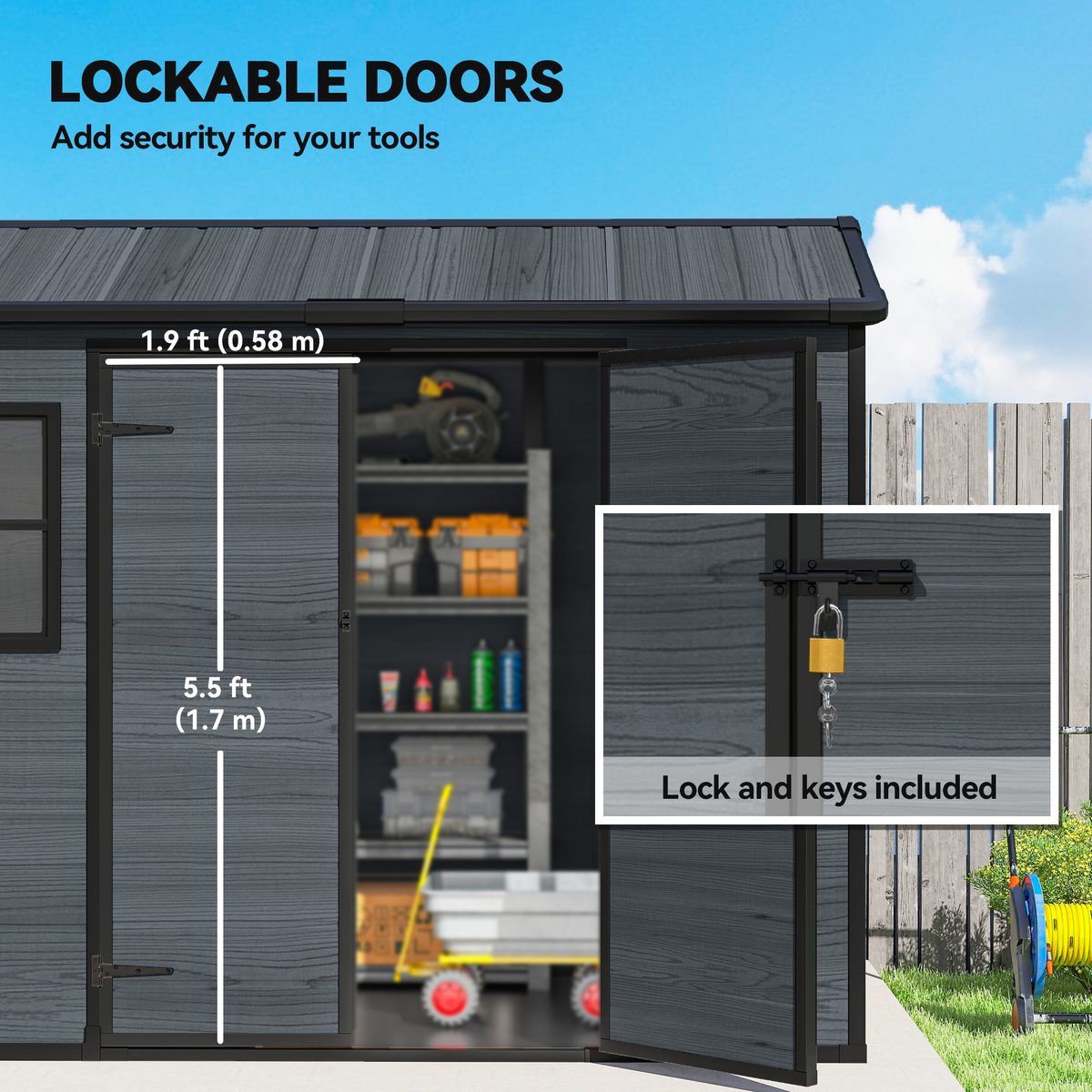 8 x 4 ft Plastic Garden Shed, Wood-Effect Outdoor Storage Shed with Floor, Windows, Lockable Doors and Vents, Dark Grey