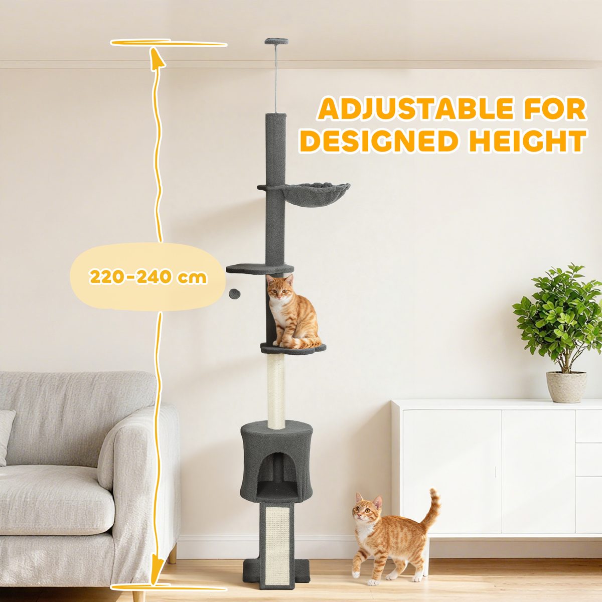  87"-94.5" Floor to Ceiling Cat Tree with Sisal Scratching Post, Condo, Hammock, Ramp, Perches, Dark Grey