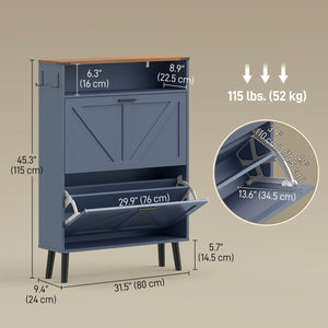  Shoe Storage Cabinet with 2 Flip Drawers, Farmhouse Narrow Shoe Cabinet, Holds Up to 16 Pairs, Blue