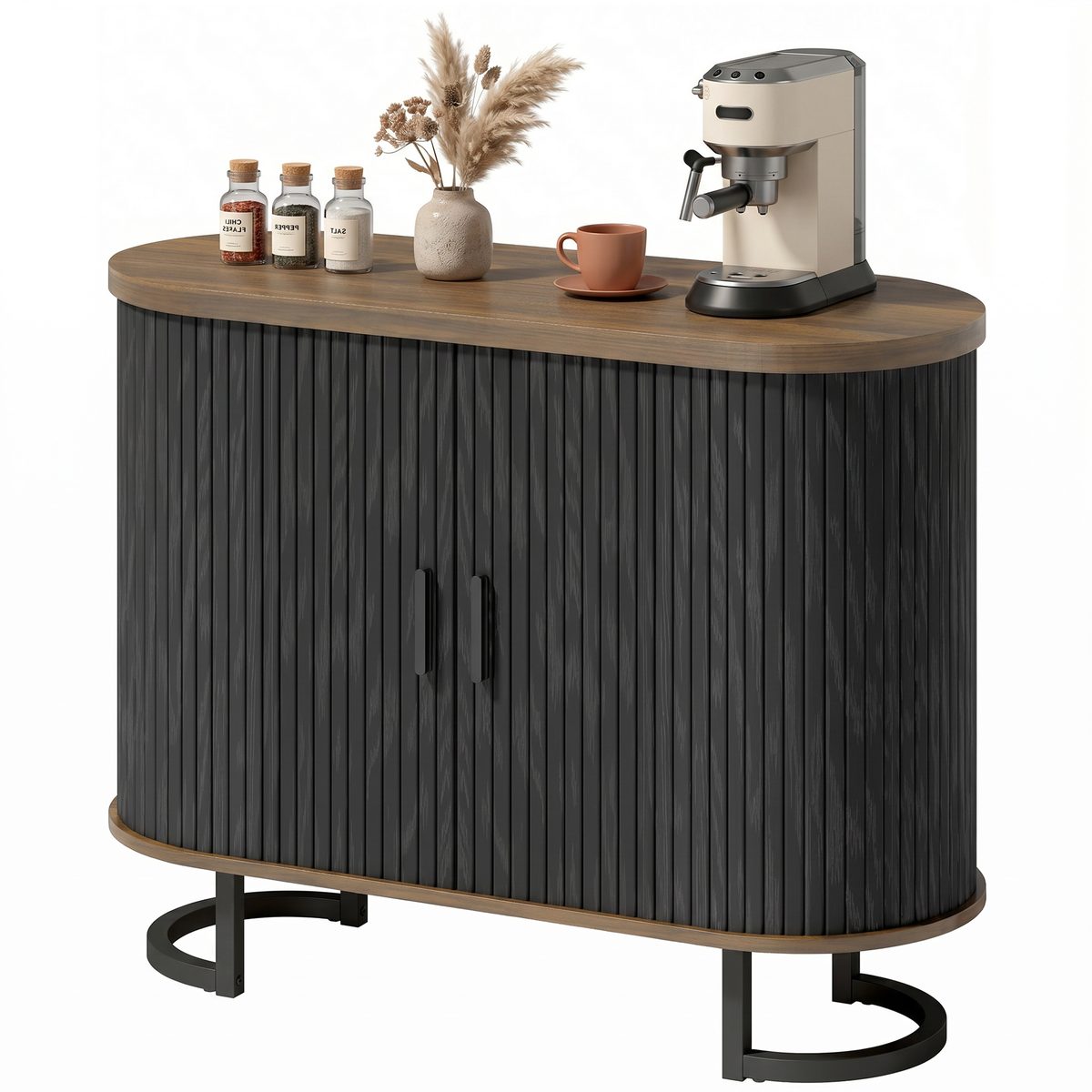  Sideboard Buffet Cabinet with Curved Tambour Doors, Thick Tabletop and Arc Metal Legs Brown and Black