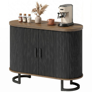  Sideboard Buffet Cabinet with Curved Tambour Doors, Thick Tabletop and Arc Metal Legs Brown and Black