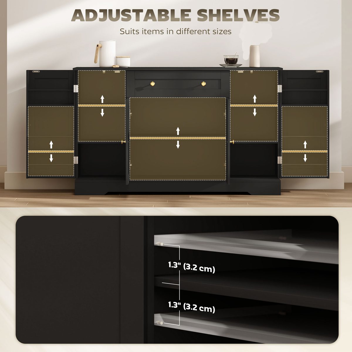  Sideboard Buffet Cabinet, Farmhouse Coffee Bar Cabinet with Door Shelves, Adjustable Shelves, Drawer, Barn Doors, Black