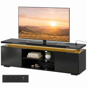  TV Stand for TVs up to 60 Inch, Modern Entertainment Center with LED Lights and Power Outlets, High Gloss Black