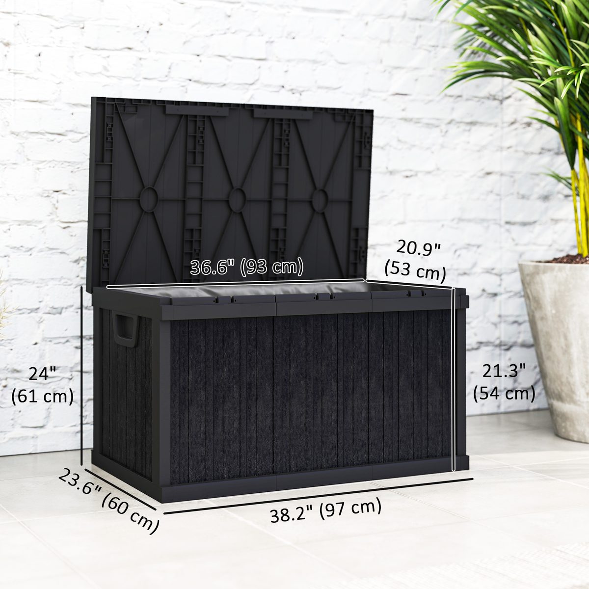  70 Gallon Deck Box, Resin Outdoor Storage Box with Handles, Waterproof Storage Container for Garden Tools, Black