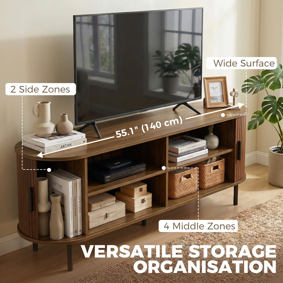  TV Stand for TVs up to 60", Modern Entertainment Center with Curved Sliding Doors, Walnut Brown