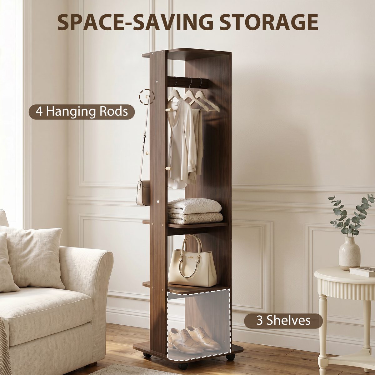  15" x 62" Full Length Mirror, Tempered Glass Floor Mirror on Wheels with Storage Shelves, Coat Hangers, Brown Wood Grain