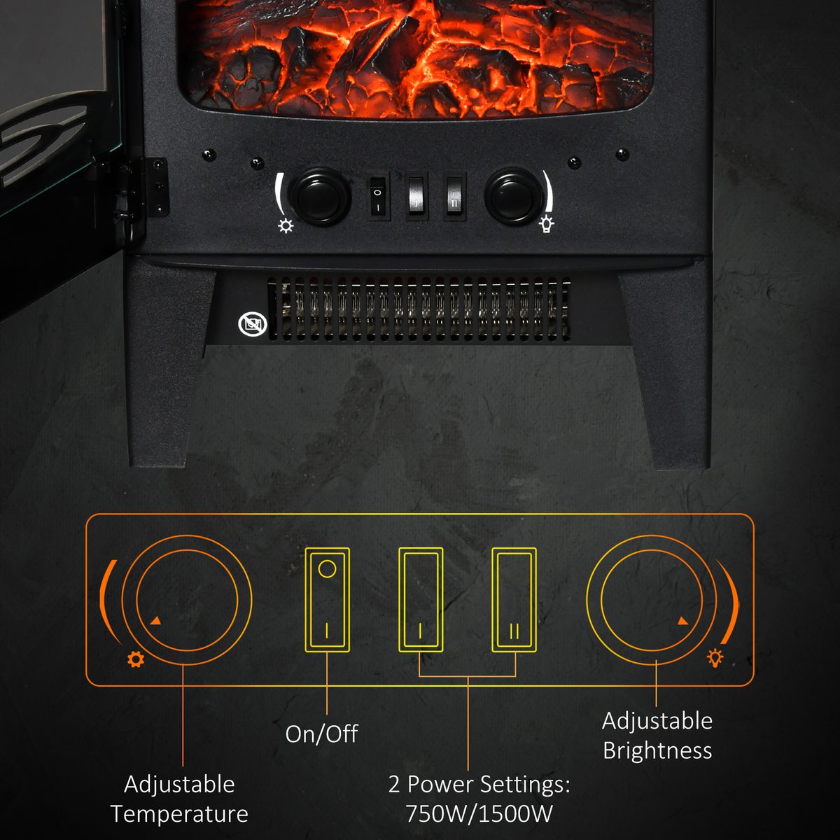  Electric Fireplace Heater, Freestanding Fireplace Stove with Realistic Adjustable Flame Effect and Adjustable Temperature, Overheating Safety Protection, 750W/1500W, Black