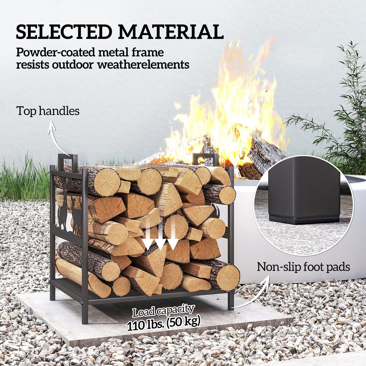  Heavy Duty Log Stand, Firewood Rack Outdoor with Handles, Wood Storage Holder for Fireplace, Black