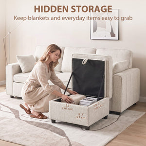  Modular Sectional Sofa Bed with Reversible Storage Ottoman, Pull Out Sleeper Sofa with Spring Cushion, Beige
