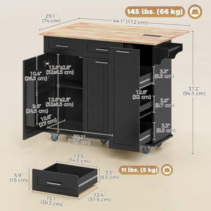  Kitchen Island on Wheels with Wood Drop Leaf, Charging Station, Rolling Kitchen Cart with Adjustable Shelf, Black