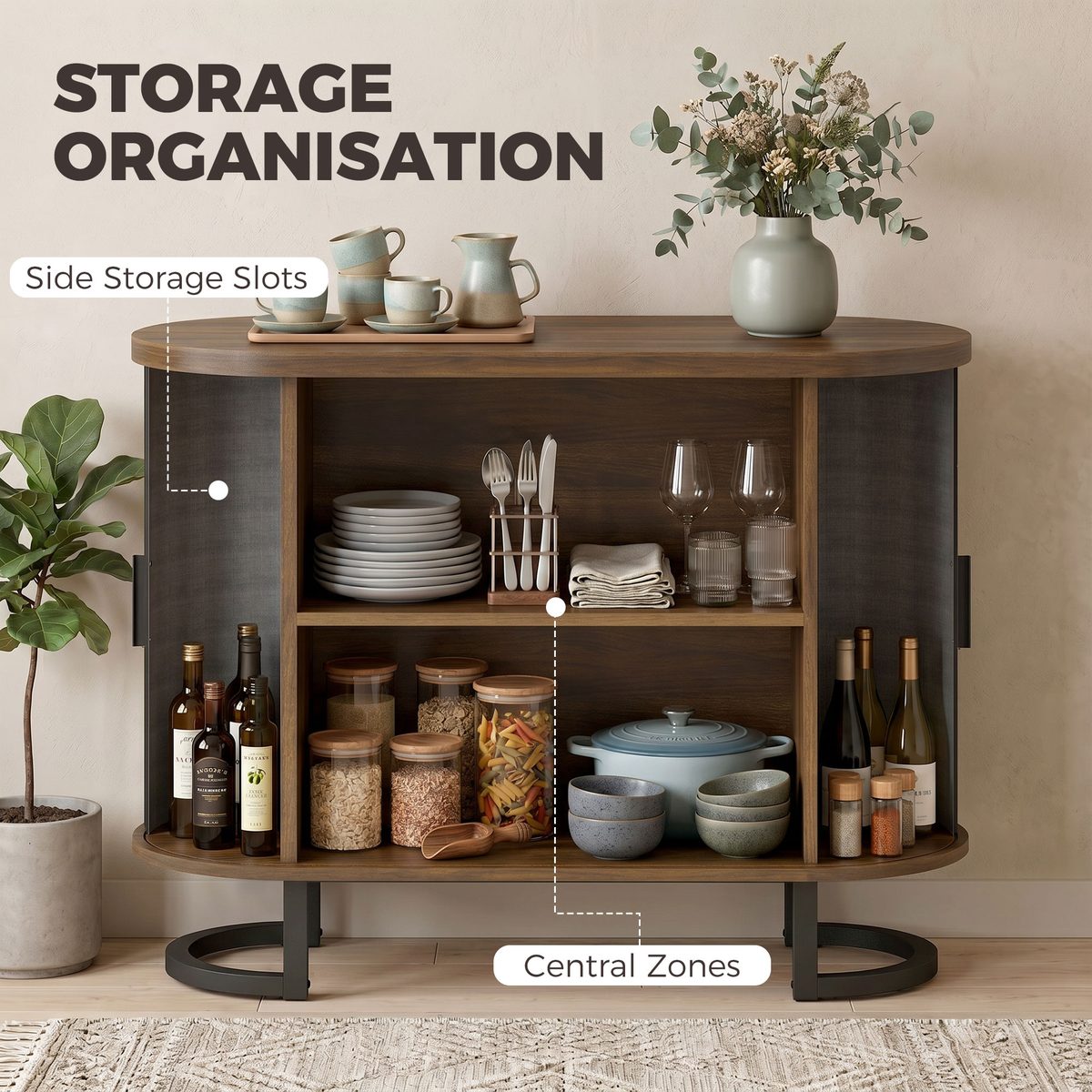  Sideboard Buffet Cabinet with Curved Tambour Doors, Thick Tabletop and Arc Metal Legs Brown and Black