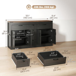  Sideboard Buffet Cabinet, 55" Farmhouse Kitchen Cabinet with 4 Barn Doors, 6 Drawers and 2 Adjustable Shelves, Black