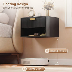 Set of 2 Wall Mounted Bedside Tables, Floating Nightstands with Fluted Drawer and Open Shelf for Bedroom, Black