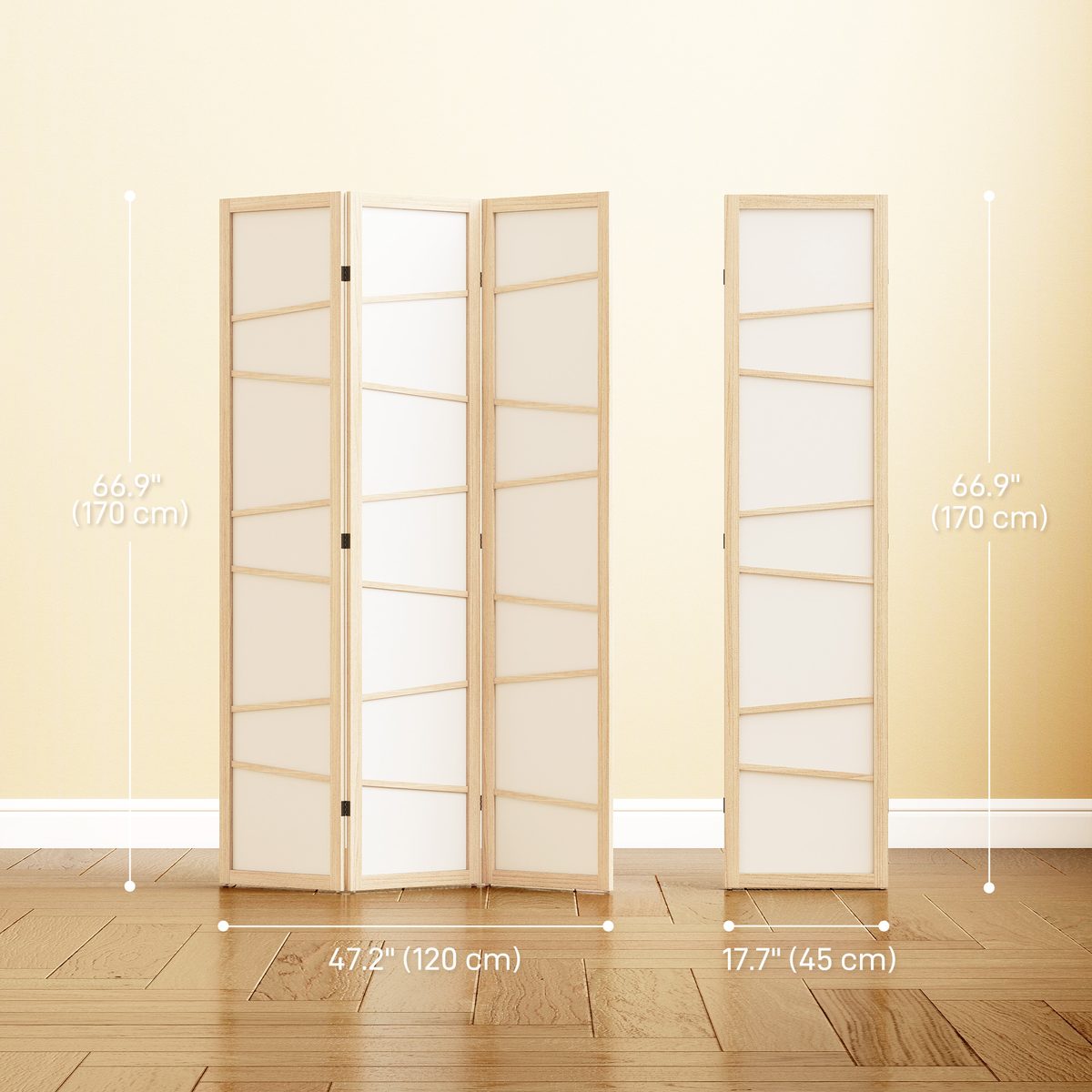  66.9" Folding Room Divider, 3 Panel Wall Partition with Wood Frame for Bedroom, Home Office, Natural Wood