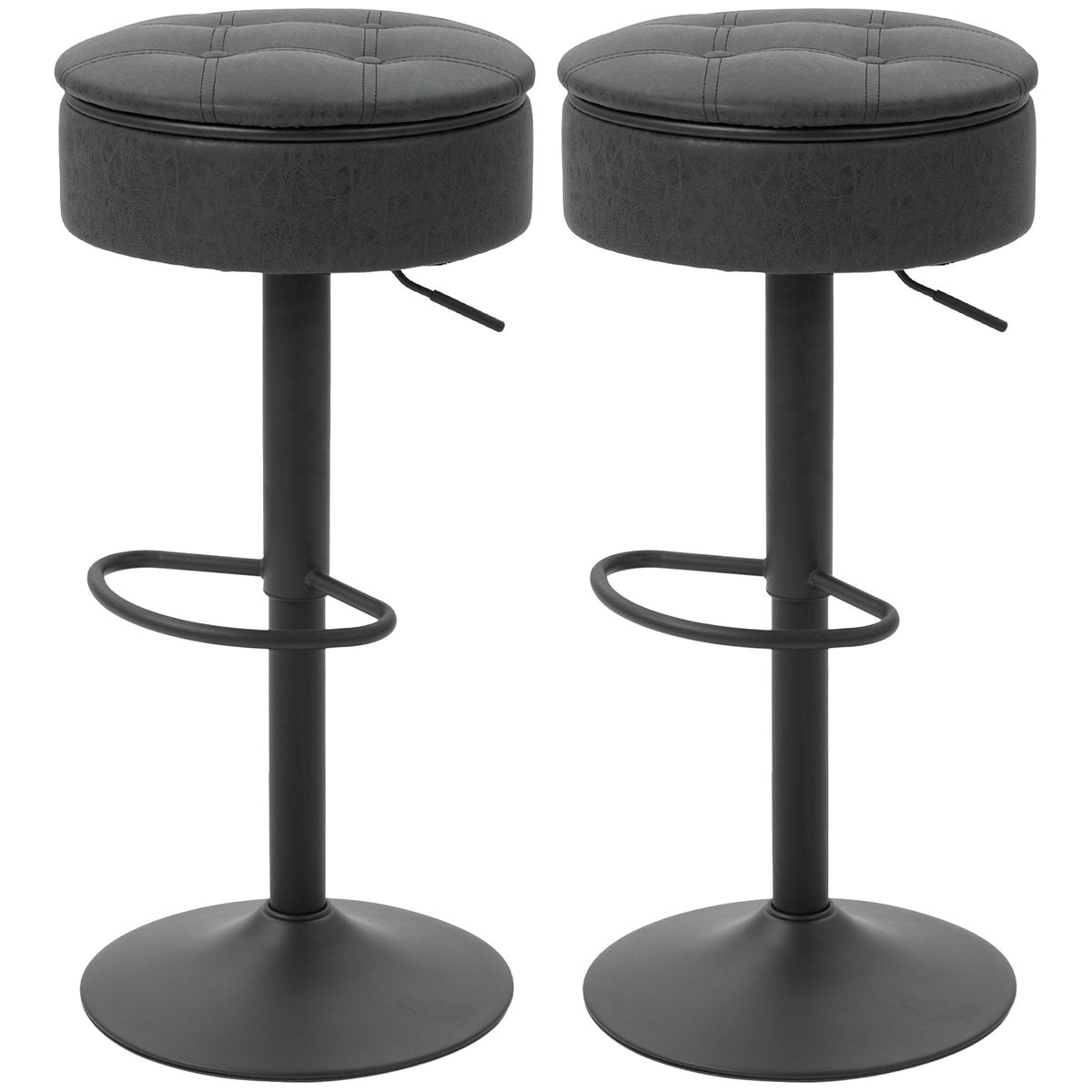  Set of 2 Barstools with Storage, Swivel Bar Stools with PU Leather Upholstered, Footrest, Steel Base, Black