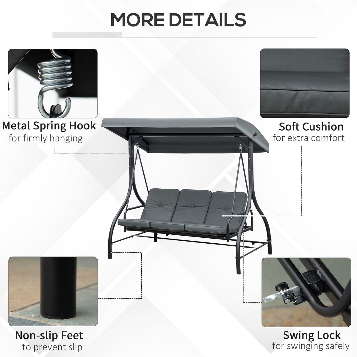  Convertible Patio Swing Bed with Canopy and Cushions, 3 Seater Porch Swing for Outdoor, Backyard, Garden, Dark Grey