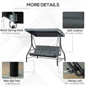  Convertible Patio Swing Bed with Canopy and Cushions, 3 Seater Porch Swing for Outdoor, Backyard, Garden, Dark Grey