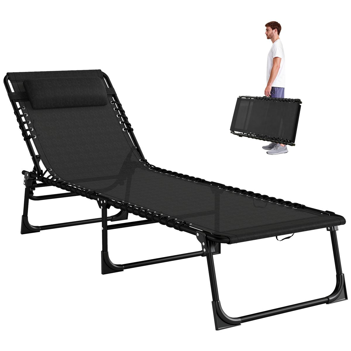 Folding Lounge Chair, Adjustable Chaise Lounge with Headrest, Reclining Lounger Cot for Camping, Hiking – view 2