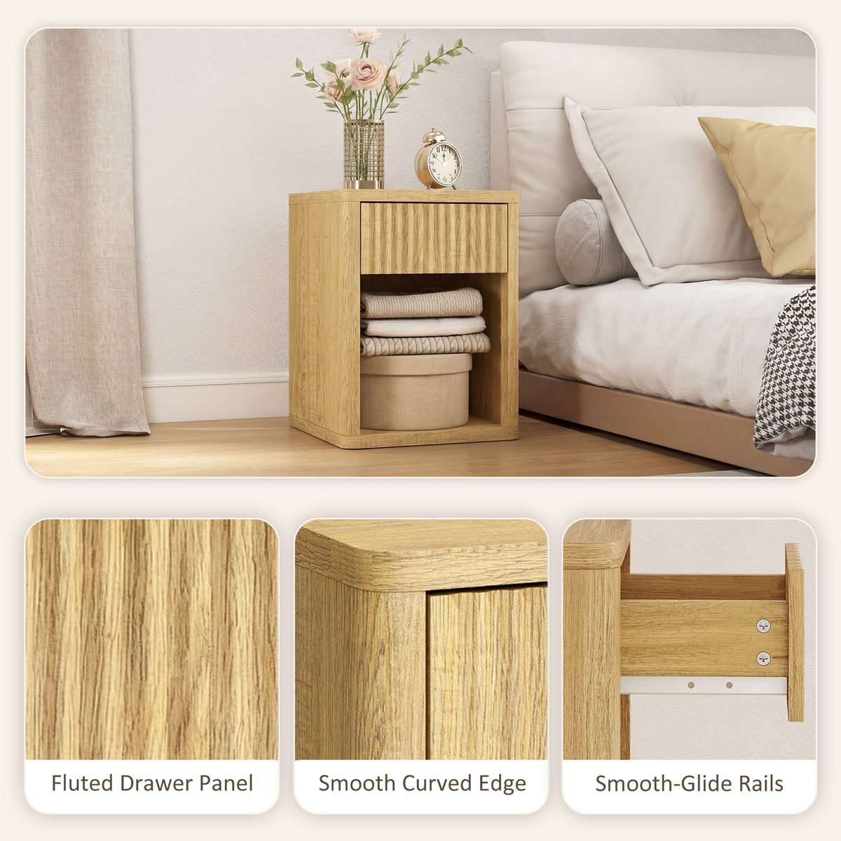  Nightstand with Drawer and Open Shelf, Modern Bedside Table Set of 2 for Bedroom Living Room, Oak