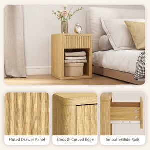  Nightstand with Drawer and Open Shelf, Modern Bedside Table Set of 2 for Bedroom Living Room, Oak