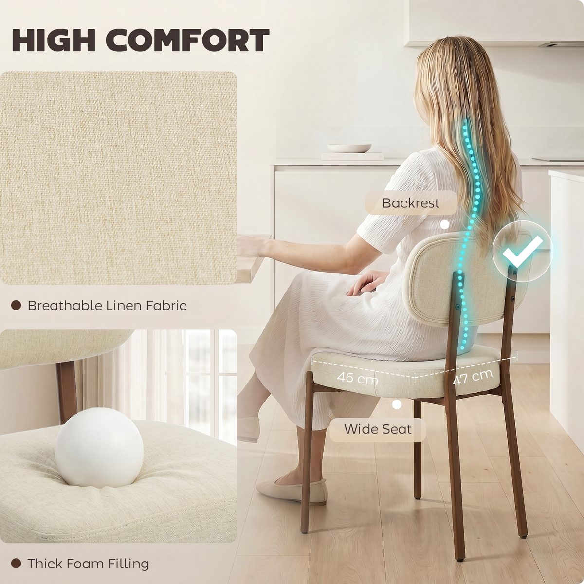  Upholstered Linen Fabric Kitchen Chairs, Modern Dining Chairs Set of 2 with Metal Legs, Beige