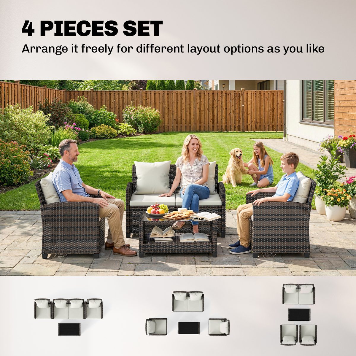  4-Piece Outdoor Wicker Patio Furniture Conversation Set, Includes Loveseat, Chairs and 2-Tier Table with Cushions, Modern Rattan Sofa Set for Backyard, Beige
