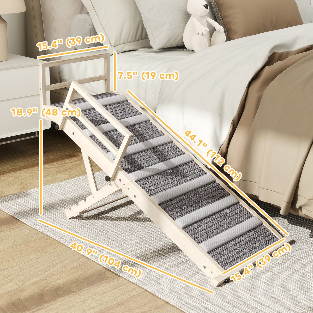  Dog Ramp, Folding Pet Ramp, 4 Adjustable Height from 15" to 19", Pet Stairs with Side Rails for Small to Large Dogs